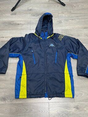 Vintage Kappa XL Quilted Windbreaker Jacket Navy Blue Yellow Hooded Gorpcore Rar